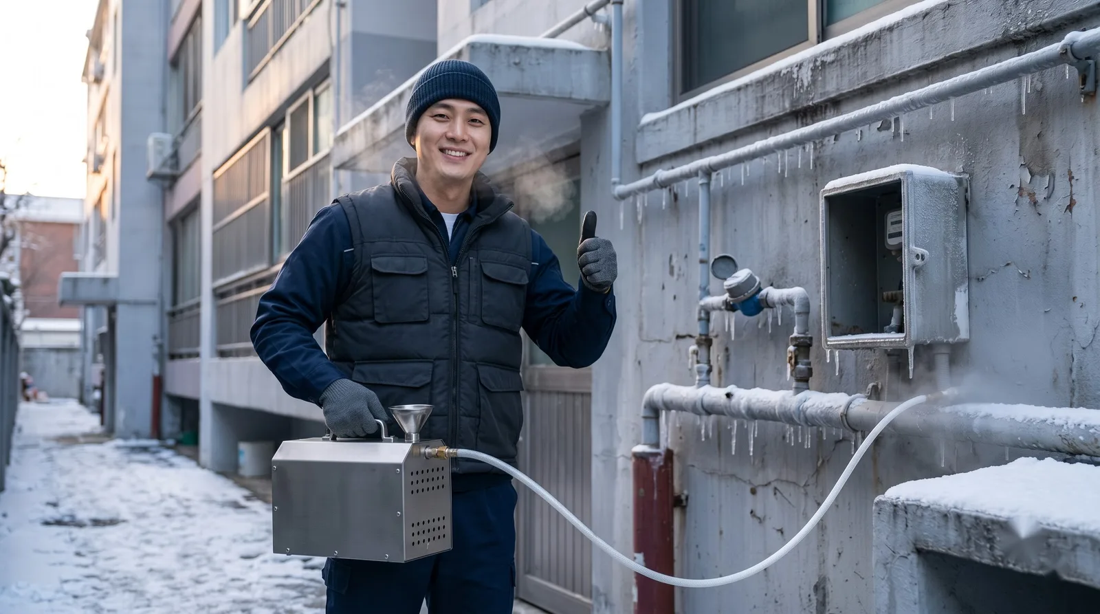 서울 서남권 수도 동파 해빙 작업복 기술자와 스팀해빙기